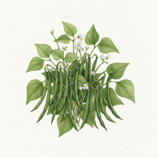 Botanical watercolor of a Safari dwarf french bean plant with very straight, slender dark green pods