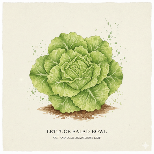 Botanical watercolor of Salad Bowl Green lettuce showing a lush rosette of deeply lobed, lime-green oak-like leaves.
