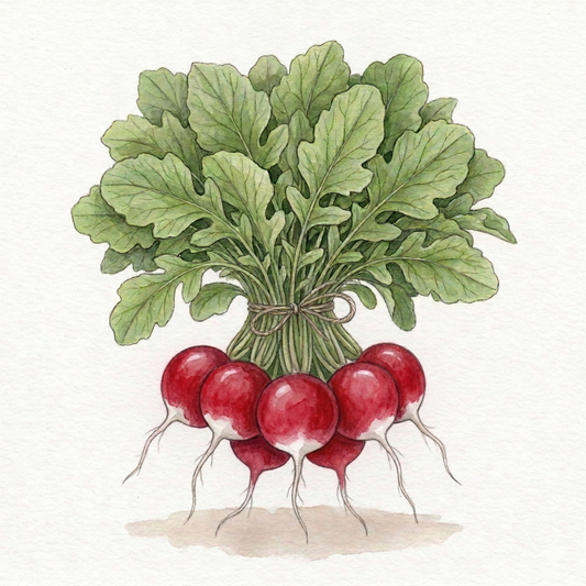 Radish seeds by The Puzzle Seed Company, Sparkler variety, classic bi-color round radish seeds in packaging.