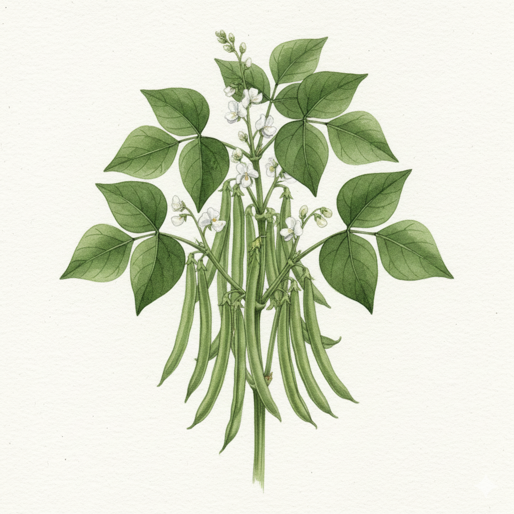 Botanical watercolor of a Stanley dwarf french bean plant with heavy clusters of straight green pods and white flowers