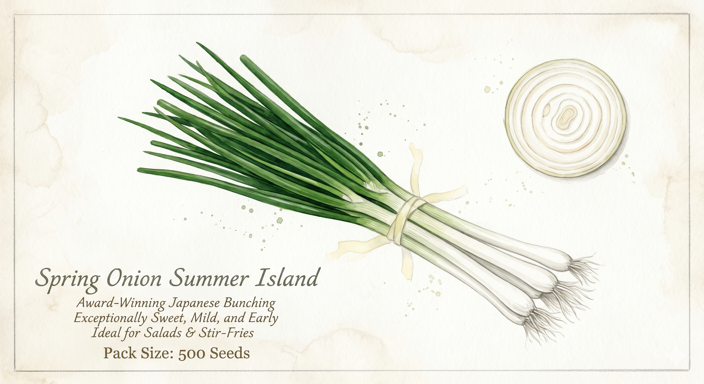 Japanese bunching spring onion, Summer Island variety with green stalks and white roots, grown by The Puzzle Seed Company.