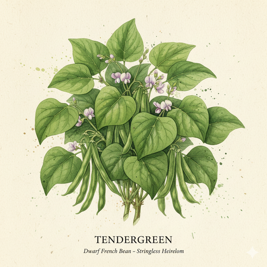Botanical watercolor of a Tendergreen dwarf french bean plant with smooth, fleshy green pods and purple-tinged flowers