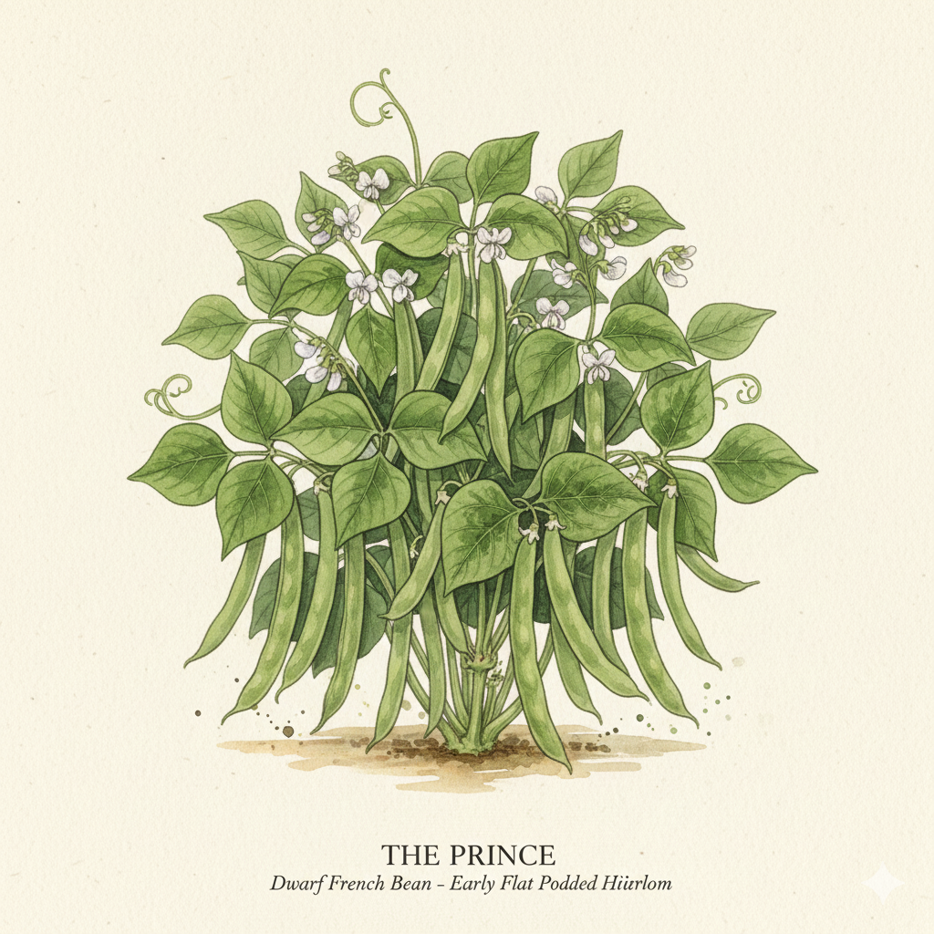 Botanical watercolor of The Prince dwarf french bean plant with long flat green pods