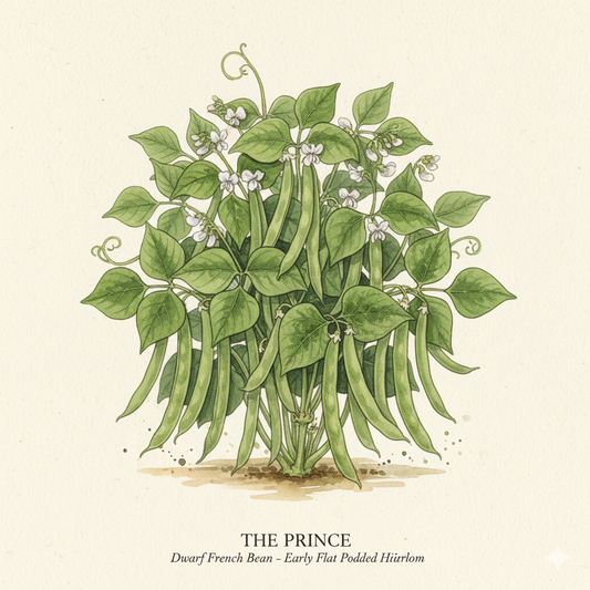 Botanical watercolor of The Prince dwarf french bean plant with long flat green pods