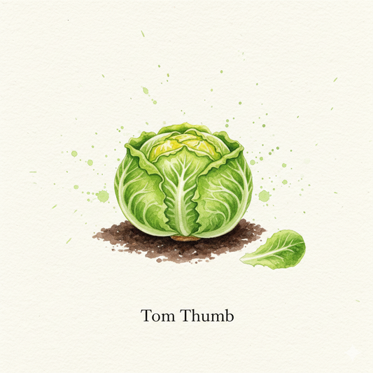 Botanical watercolor of Tom Thumb lettuce showing a tiny, compact bright green butterhead with a dense heart.