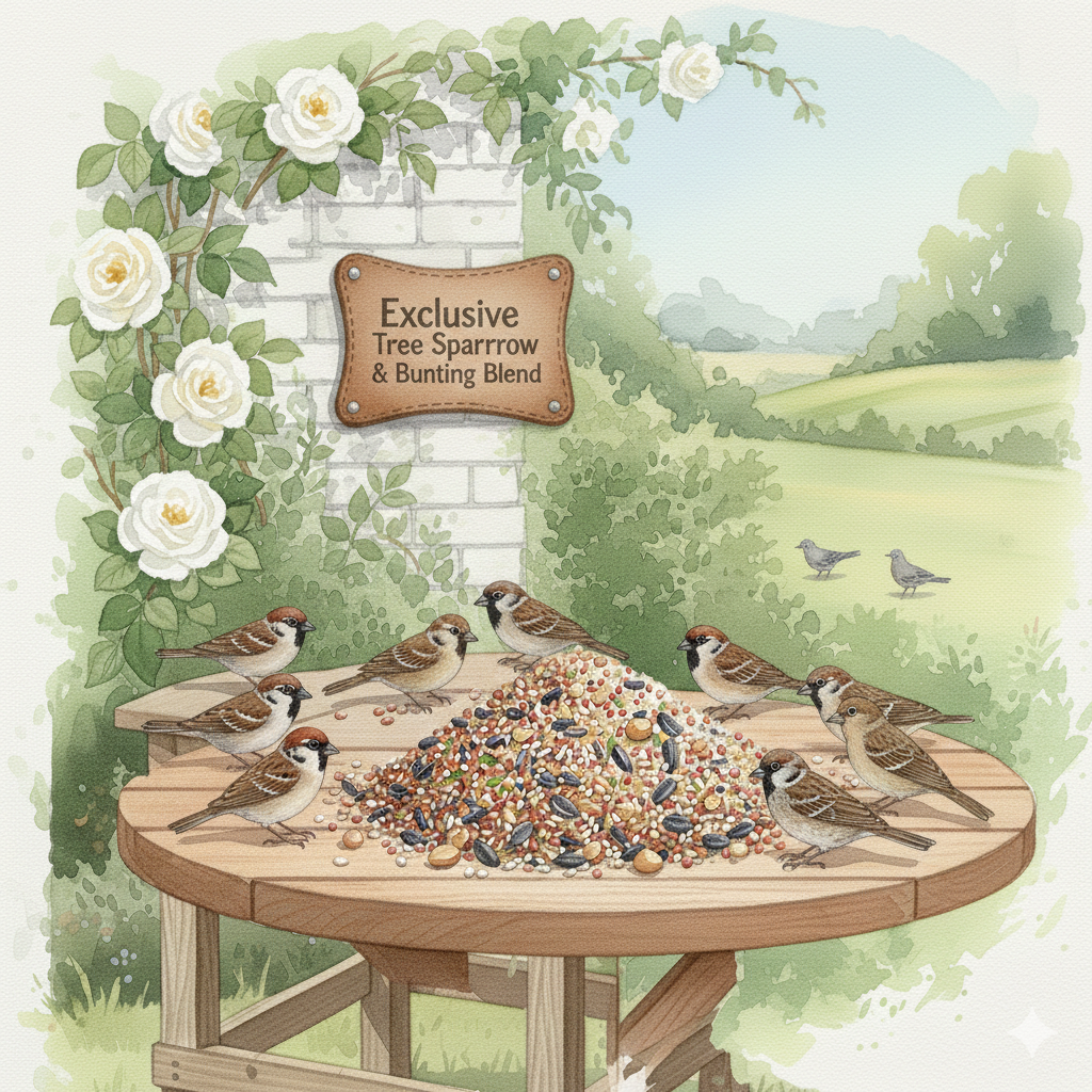 Wild bird food blend with tree sparrow and bunting seeds from Farmer Tom’s by The Puzzle Seed Company.