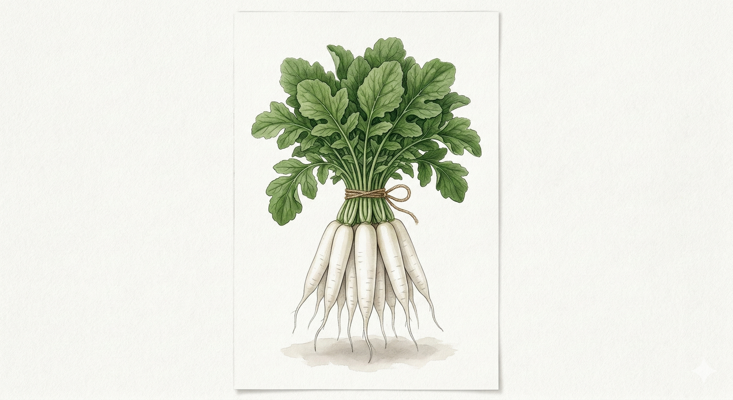 White Icicle radish seeds from The Puzzle Seed Company, showing crisp, tapered white radish bulbs on a white background.