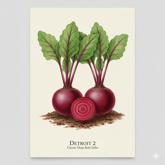 Botanical watercolor of Detroit 2 beetroot with smooth red skin and solid crimson-red interior.